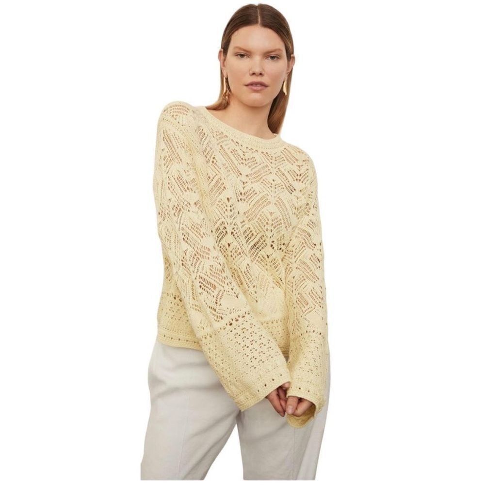 Vince Yellow Lace Crochet Patchwork Yellow Pullover Sweater| L